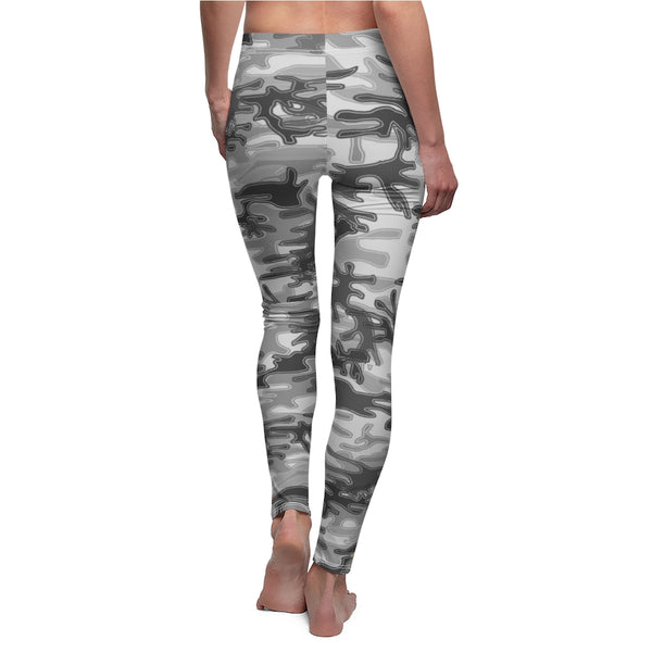 Gray Camo Camouflage Army Print Women's Dressy Long Casual Leggings- Made in USA-Casual Leggings-White Seams-M-Heidi Kimura Art LLC