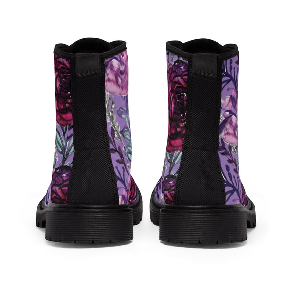 Abstract Pink Floral Women's Boots, Pink and Purple Flower Rose Print Elegant Feminine Casual Fashion Gifts, Flower Rose Print Shoes For Rose Lovers, Combat Boots, Designer Women's Winter Lace-up Toe Cap Hiking Boots Shoes For Women (US Size 6.5-11)