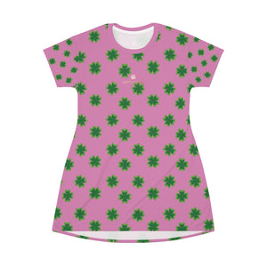 Pink Green Clover Print St. Patrick's Day Women's Long T-Shirt Dress- Made in USA-T-Shirt Dress-L-Heidi Kimura Art LLC
