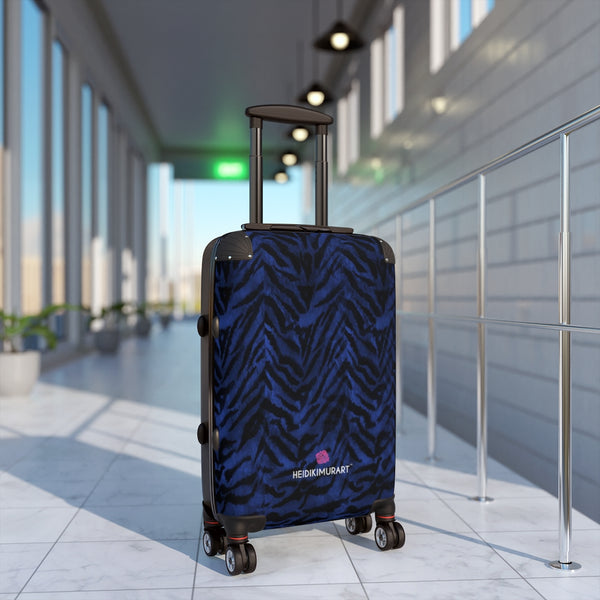 Blue Tiger Striped Cabin Suitcase, Animal Print Carry On Polycarbonate Front and Hard-Shell Durable Small 1-Size Carry-on Luggage With 2 Inner Pockets & Built in Lock With 4 Wheel 360° Swivel and Adjustable Telescopic Handle - Made in USA/UK (Size: 13.3" x 22.4" x 9.05", Weight: 7.5 lb) Unique Cute Carry-On Best Personal Travel Bag Custom Luggage - Gift For Him or Her 