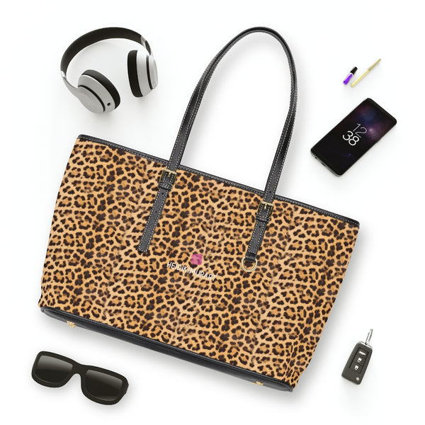 Brown Leopard Print Tote Bag, Best Stylish Leopard Animal Printed PU Leather Shoulder Large Spacious Durable Hand Work Bag 17"x11"/ 16"x10" With Gold-Color Zippers & Buckles & Mobile Phone Slots & Inner Pockets, All Day Large Tote Luxury Best Sleek and Sophisticated Cute Work Shoulder Bag For Women With Outside And Inner Zippers