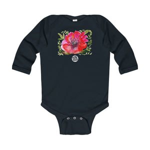 Red Hibiscus Floral Cute Infant Long Sleeve Bodysuit - Made in UK (UK Size: 6M-24M)-Kids clothes-Black-18M-Heidi Kimura Art LLC
