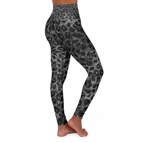 Grey Leopard Women's Leggings, Premium Animal Print High Waisted Yoga Pants-Made in USA-All Over Prints-Printify-Heidi Kimura Art LLC