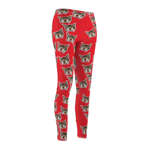 Red Brown Peanut Meow Cat Cute Calico Print Women's Fancy Casual Leggings- Made in USA-All Over Prints-Heidi Kimura Art LLC