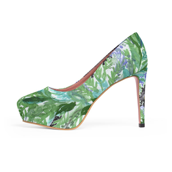 Black French Lavender Floral Print Women's Platform Stilettos 4 inch Pumps Heels Shoes-4 inch Heels-Heidi Kimura Art LLC