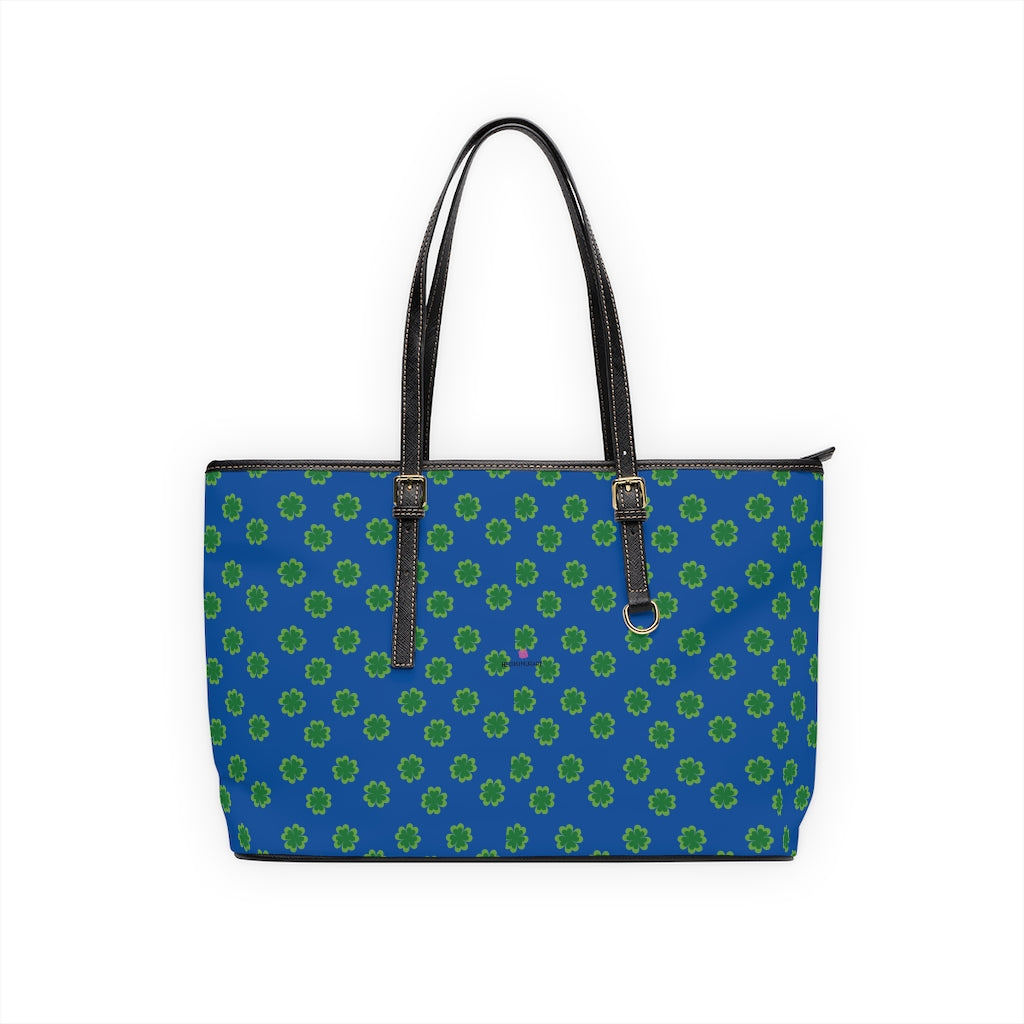 Blue Green Clovers Tote Bag, PU Leather Shoulder Hand Work Bag