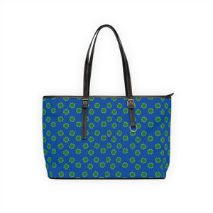 Blue Green Clovers Tote Bag, PU Leather Shoulder Hand Work Bag