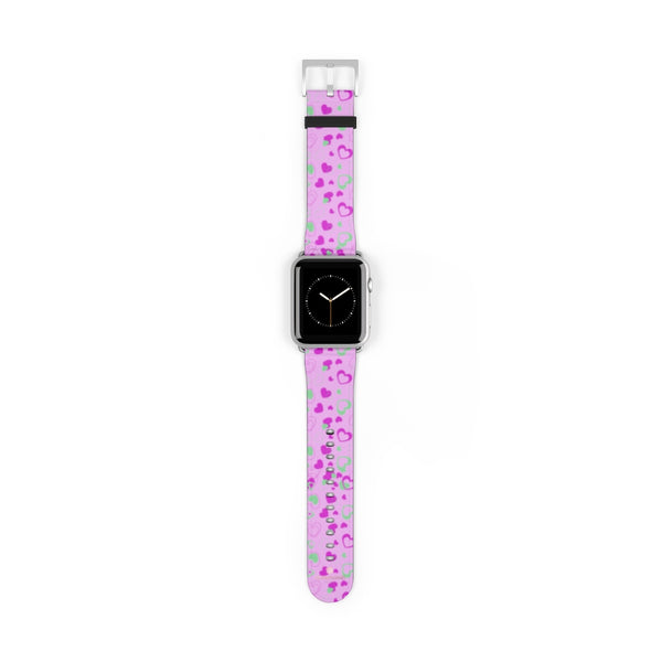 Cute Girlie Pink Hearts Shaped 38mm/42mm Watch Band For Apple Watch- Made in USA-Watch Band-42 mm-Silver Matte-Heidi Kimura Art LLC