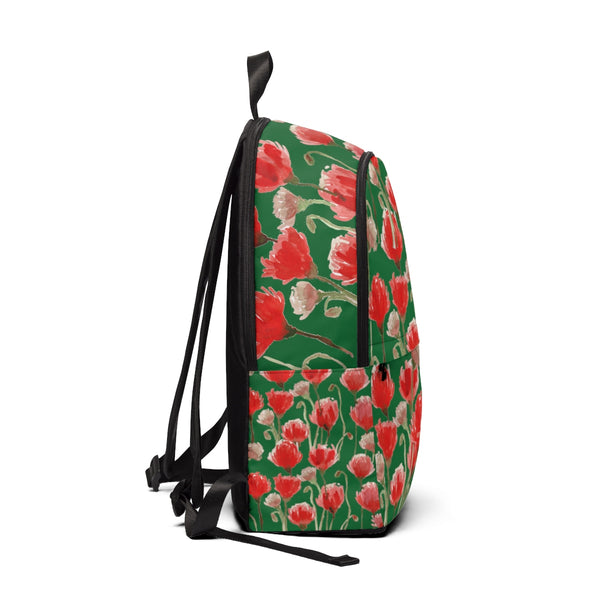Green Red Poppy Flower Floral Print Unisex Fabric Backpack School Bag w/ Laptop Slot-Backpack-One Size-Heidi Kimura Art LLC