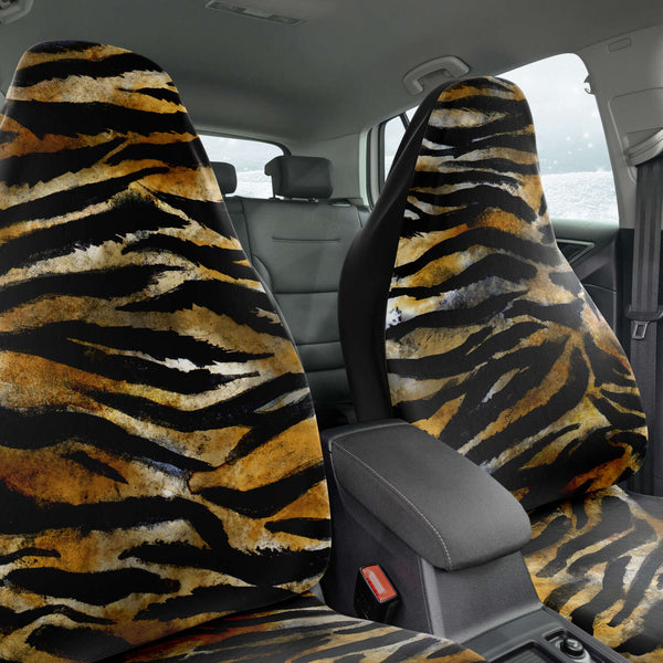 Tiger Stripe Car Seat Covers, Brown Wild Tiger Animal Print Designer Essential Premium Quality Best Machine Washable Microfiber Luxury Car Seat Cover - 2 Pack For Your Car Seat Protection, Cart Seat Protectors, Car Seat Accessories, Pair of 2 Front Seat Covers, Custom Seat Covers