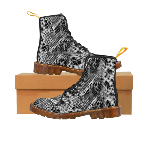 Grey Snake Men's Canvas Boots, Snake Animal Print Designer Winter Laced-up Boots For Men-Shoes-Printify-Brown-US 8-Heidi Kimura Art LLC