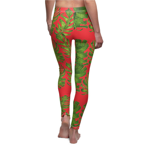 Red And Green Tropical Leaf Print Women's Dressy Long Casual Leggings- Made in USA-Casual Leggings-White Seams-M-Heidi Kimura Art LLC