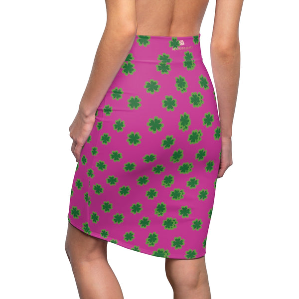Hot Pink And Green Clover Leaf Print St. Patrick's Day Women's Pencil Skirt- Made in USA-Pencil Skirt-Heidi Kimura Art LLC