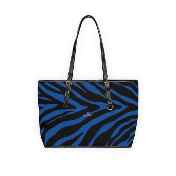 Navy Blue Zebra Tote Bag, Zebra Striped Blue and Black Animal Print PU Leather Shoulder Large Spacious Durable Hand Work Bag 17"x11"/ 16"x10" With Gold-Color Zippers & Buckles & Mobile Phone Slots & Inner Pockets, All Day Large Tote Luxury Best Sleek and Sophisticated Cute Work Shoulder Bag For Women With Outside And Inner Zippers