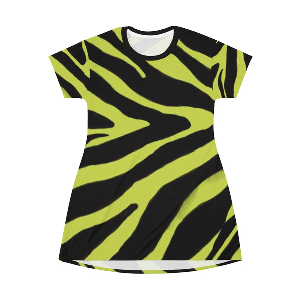 Yellow Zebra Print T-Shirt Dress, Zebra Animal Print Designer Crew Neck Women's Long Tee T-shirt Fashion Dress-Made in USA (US Size: XS-2XL)