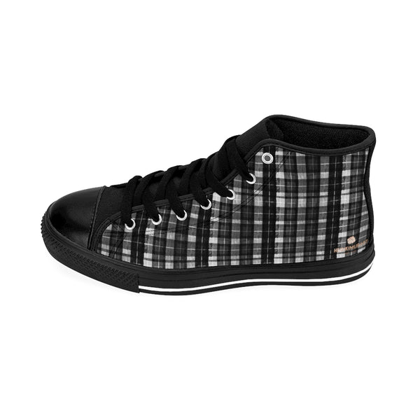 Black White Plaid Tartan Print Men's High-top Sneakers Tennis Shoes, Mens Plaid Shoes-Men's High Top Sneakers-Heidi Kimura Art LLC
