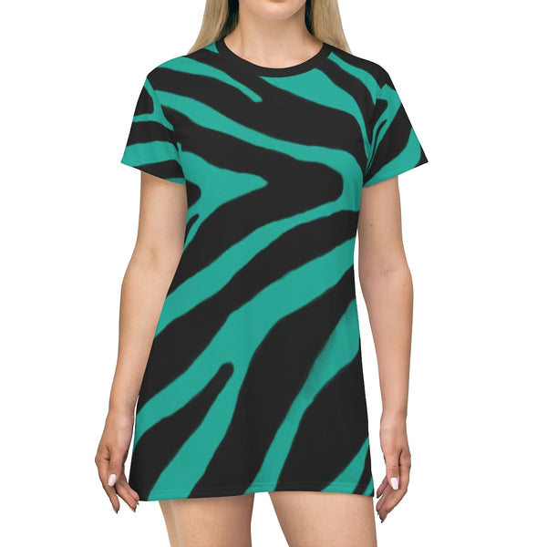 Blue Zebra Print T-Shirt Dress, Blue and Black Zebra Animal Print Designer Crew Neck Women's Long Tee T-shirt Fashion Dress-Made in USA (US Size: XS-2XL)