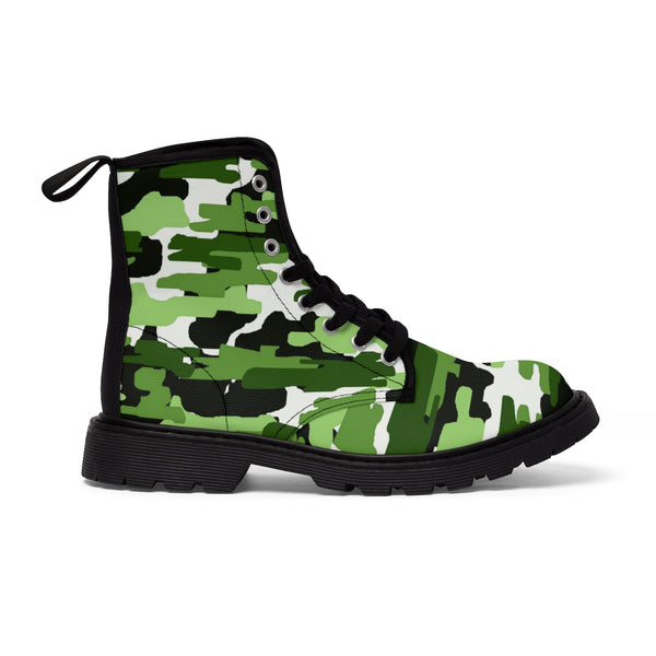 Green White Camouflage Military Army Print Men's Canvas Winter Laced Up Boots-Men's Boots-Black-US 9-Heidi Kimura Art LLC