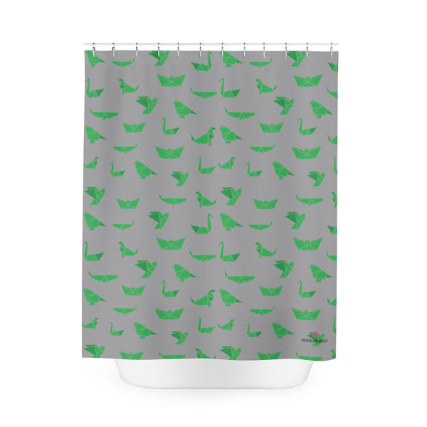 Grey Crane Polyester Shower Curtain, Japanese Origami Style Crane Birds Print 71" × 74" Modern Kids or Adults Colorful Best Premium Quality American Style One-Sided Luxury Durable Stylish Unique Interior Bathroom Shower Curtains - Printed in USA