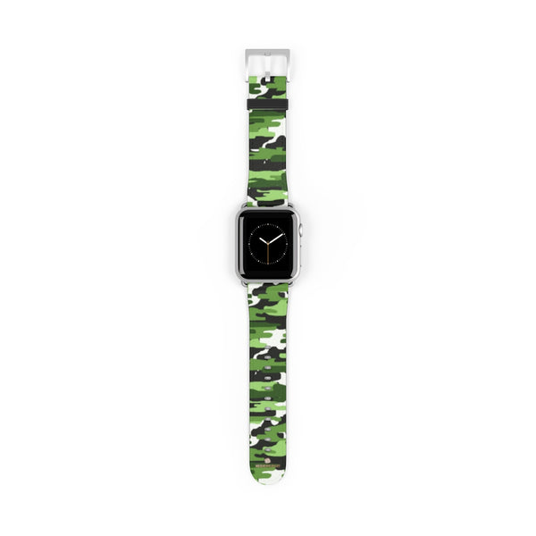 Green & White Camo Print 38mm/42mm Watch Band For Apple Watch- Made in USA-Watch Band-38 mm-Silver Matte-Heidi Kimura Art LLC