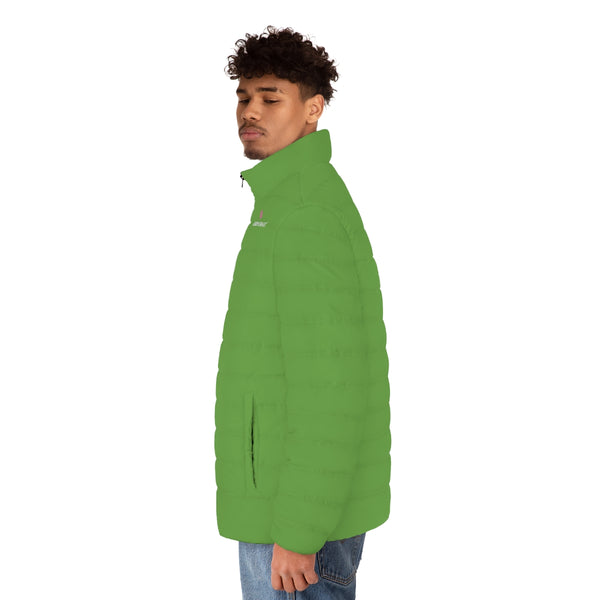 Light Green Color Men's Jacket, Solid Green Color Casual Men's Winter Jacket, Best Modern Minimalist Classic Green Color Regular Fit Polyester Men's Puffer Jacket With Stand Up Collar (US Size: S-2XL)