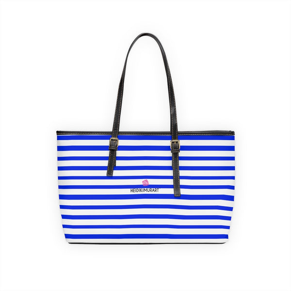 Best Blue Stripes Tote Bag, Best Stylish Blue and White Striped PU Leather Shoulder Large Spacious Durable Hand Work Bag 17"x11"/ 16"x10" With Gold-Color Zippers & Buckles & Mobile Phone Slots & Inner Pockets, All Day Large Tote Luxury Best Sleek and Sophisticated Cute Work Shoulder Bag For Women With Outside And Inner Zippers
