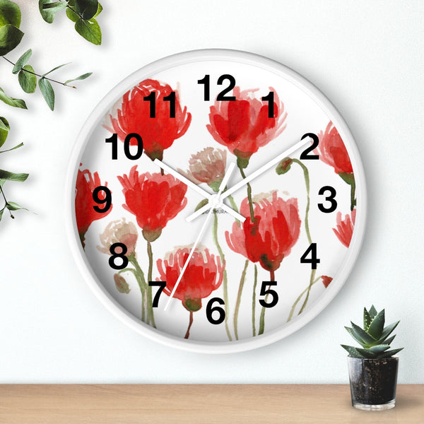 Red Poppy Floral Wall Clock,  Best Numeric Floral 10 inch Diameter Flower Wall Clock-Made in USA, Large Round Wood Girl Children Bedroom Wall Clock