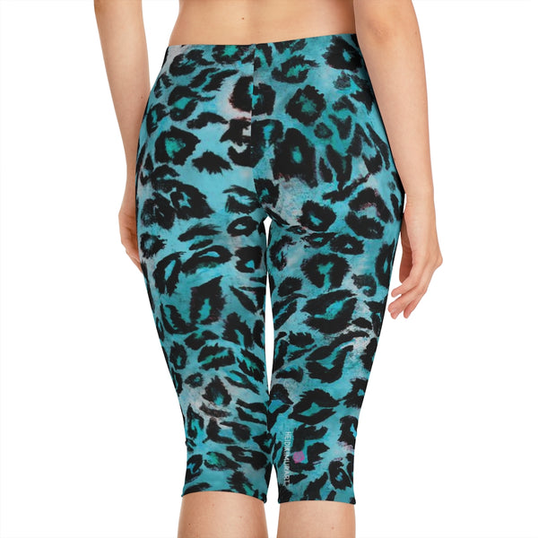 Blue Leopard Women's Capri Leggings, Knee-Length Polyester Capris Tights-Made in USA (US Size: XS-2XL)