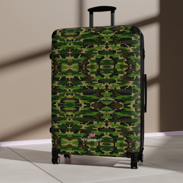 Green Camo Print Suitcases, Army Military Camouflaged Print Designer Suitcase Luggage (Small, Medium, Large) Unique Cute Spacious Versatile and Lightweight Carry-On or Checked In Suitcase, Best Personal Superior Designer Adult's Travel Bag Custom Luggage - Gift For Him or Her - Made in USA/ UK
