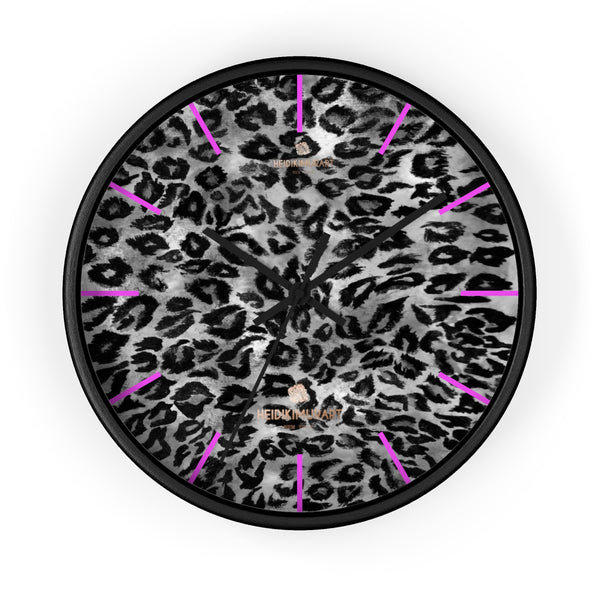 Gray Leopard Print Wall Clock, Animal Print 10 in. Dia. Indoor Wall Clock- Made in USA-Wall Clock-10 in-Black-Black-Heidi Kimura Art LLC