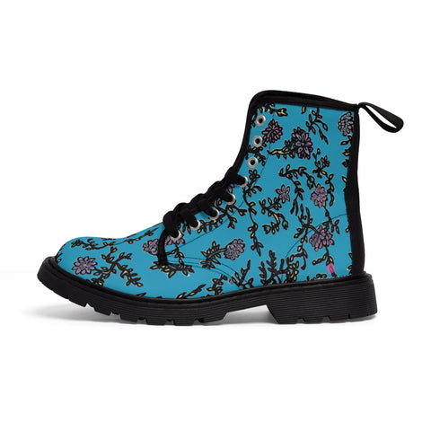 Blue Turquoise Fall Women's Boots, Purple Floral Women's Boots, Flower Print Elegant Feminine Casual Fashion Gifts, Flower Rose Print Shoes For Flower Lovers, Combat Boots, Designer Women's Winter Lace-up Toe Cap Hiking Boots Shoes For Women (US Size 6.5-11) Blue Floral Boots, Floral Boots Womens, Vintage Style Floral Boots 