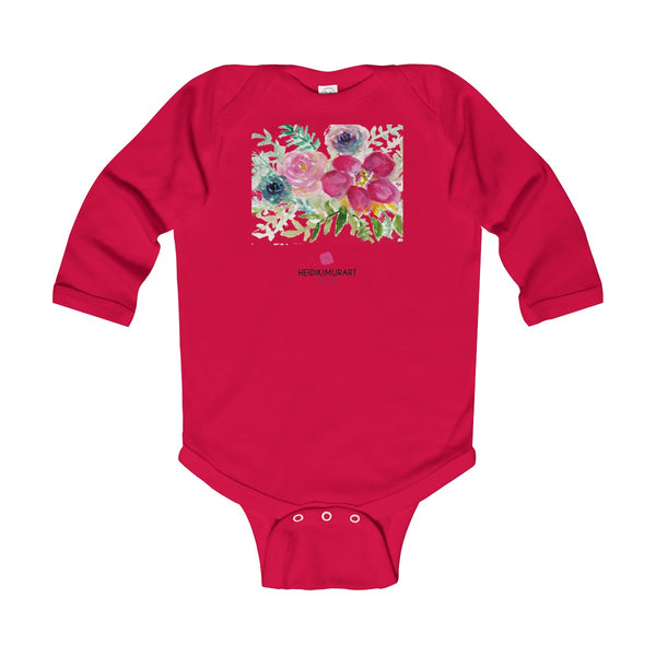 Red Hibiscus Floral Infant Baby's Long Sleeve Bodysuit - Made in UK (UK Size: 6M-24M)-Kids clothes-Red-12M-Heidi Kimura Art LLC
