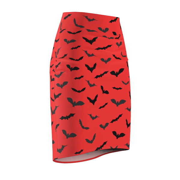 Red Black Halloween Bats Print Women's Pencil Skirt- Made in USA (US Size: XS-2XL)-Pencil Skirt-Heidi Kimura Art LLC