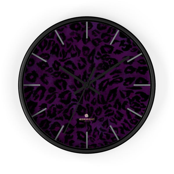 Purple Leopard Animal Print Large Unique Indoor Designer 10" Dia. Wall Clocks- Made in USA-Wall Clock-10 in-Black-Black-Heidi Kimura Art LLC