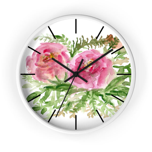 Pink Rose Vintage Style Floral Print Rose Flower 10 inch Diameter Wall Clock-Made in USA-Wall Clock-White-Black-Heidi Kimura Art LLC