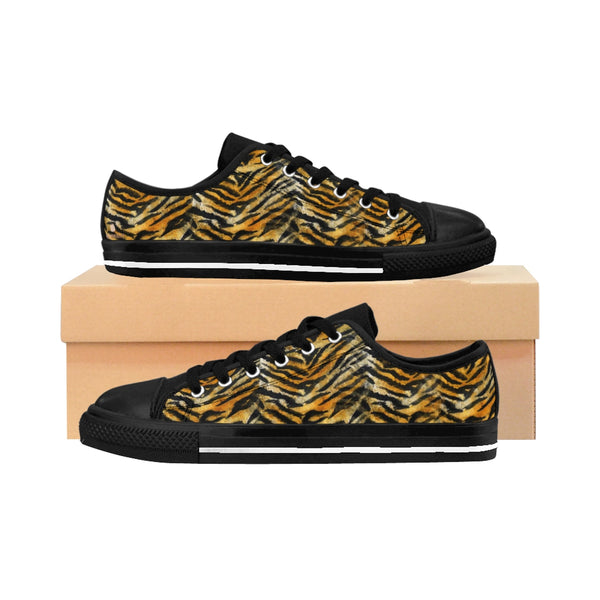 Brown Tiger Stripe Animal Print Designer Low Top Women's Sneakers Shoes (US Size 6-12)-Women's Low Top Sneakers-US 10-Heidi Kimura Art LLC