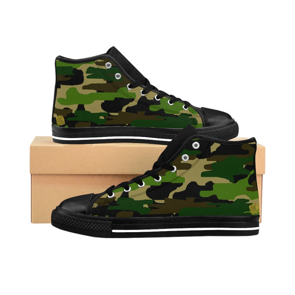 Camouflage Green Military Army Print Pattern Men's High Top Sneakers (US Size 6-14)-Men's High Top Sneakers-Black-US 9-Heidi Kimura Art LLC Camouflage Men's High Top Sneakers, Camouflage Green Military Army Print Pattern Designer Shoes - Men's High Top Sneakers (US Size 6-14)