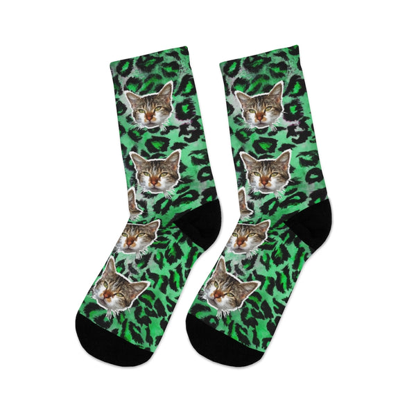 Green Leopard Cat Print Socks, Calico Cat Print One-Size Knit Luxury Socks- Made in USA-Socks-One size-Heidi Kimura Art LLC