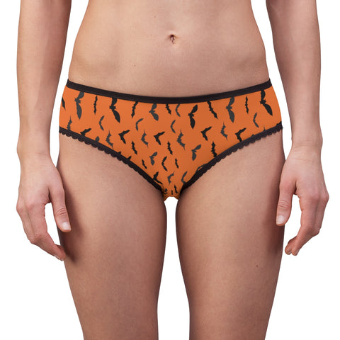 Orange Black Bats Print Halloween Women's Briefs Panties Underwear(US Size: XS-2XL)-Women's Underwear-L-Black Seams-Heidi Kimura Art LLC