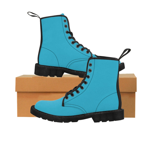 Sky Blue Women's Canvas Boots, Solid Color Modern Essential Winter Boots For Ladies-Shoes-Printify-Black-US 8.5-Heidi Kimura Art LLC Sky Blue Women's Canvas Boots, Best Blue Solid Color Modern Essential Casual Fashion Hiking Boots, Canvas Hiker's Shoes For Mountain Lovers, Stylish Premium Combat Boots, Designer Women's Winter Lace-up Toe Cap Hiking Boots Shoes For Women (US Size 6.5-11)