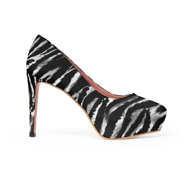 Cool Zebra Black White Stripe Animal Print Women's Platform Heels Pumps Shoes-4 inch Heels-Heidi Kimura Art LLC