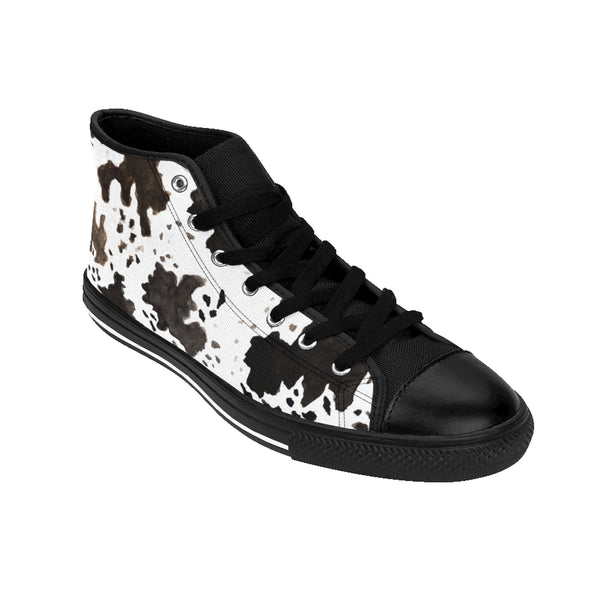 Milk Cow Print White Brown Black 5" Calf Height Women's High-Top Sneakers Running Shoes, (US Size: 6-12)-Women's High Top Sneakers-Heidi Kimura Art LLC