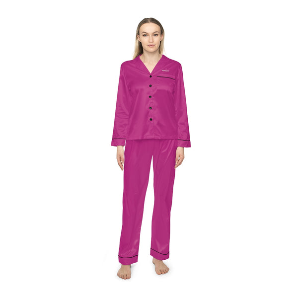 Hot Pink Women's Satin Pajamas, Luxury Premium Solid Color Loungewear For Women