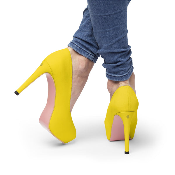 Bright Yellow Solid Color Print Luxury Premium Women's Platform Heels (US Size: 5-11)-4 inch Heels-Heidi Kimura Art LLC