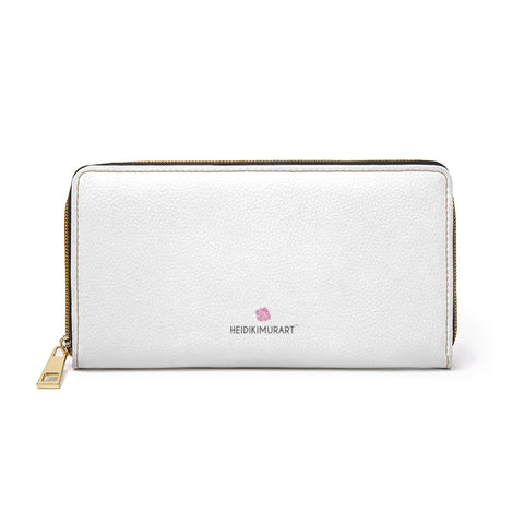White Color Zipper Wallet, Solid White Color Best 7.87" x 4.33" Luxury Cruelty-Free Faux Leather Women's Wallet & Purses Compact High Quality Nylon Zip & Metal Hardware, Luxury Long Wallet With Cardholders For Modern Women