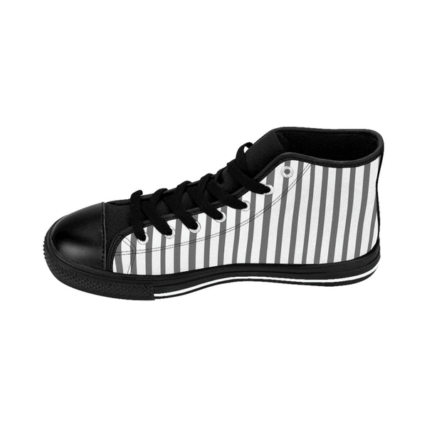 Grey Striped Men's High-top Sneakers, Grey White Modern Stripes Men's High Tops, High Top Striped Sneakers, Striped Casual Men's High Top For Sale, Fashionable Designer Men's Fashion High Top Sneakers, Tennis Running Shoes (US Size: 6-14)