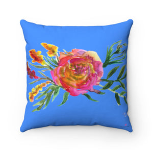 Red Rose Girlie Floral Wreath Blue Spun Polyester Square Pillow 14"/16"/18"/20"-Pillow-14x14-Heidi Kimura Art LLC