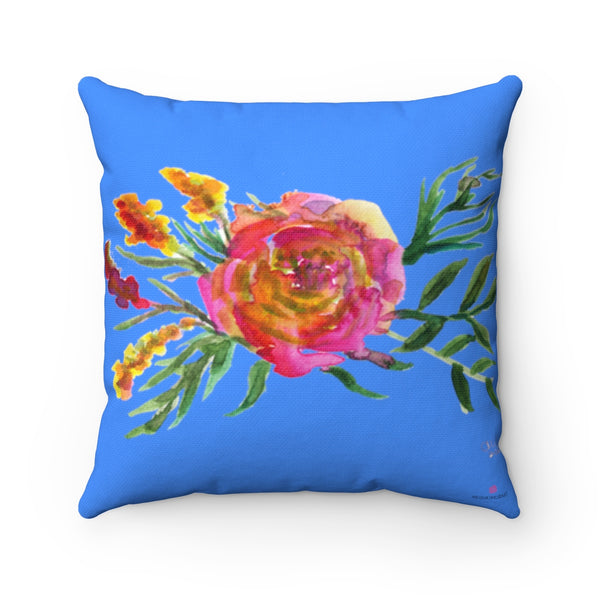 Red Rose Girlie Floral Wreath Blue Spun Polyester Square Pillow 14"/16"/18"/20"-Pillow-14x14-Heidi Kimura Art LLC