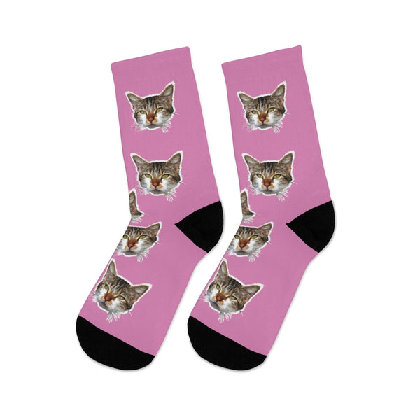 Light Pink Cat Print Socks, Cute Calico Cat Print One-Size Knit Premium Socks- Made in USA-Socks-One size-Heidi Kimura Art LLC