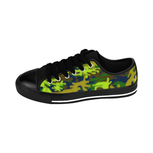 Navy Blue Green Camouflage Military Print Premium Men's Low Top Canvas Sneakers-Men's Low Top Sneakers-Heidi Kimura Art LLC